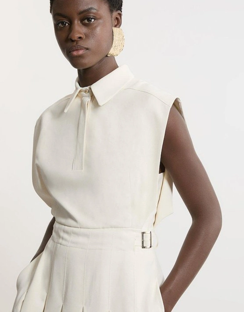 Structured Crepe Pleated Sleeveless Shirt Tailored Midi Dress