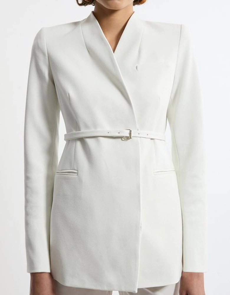 Structured Crepe Tailored Collarless Belted Blazer