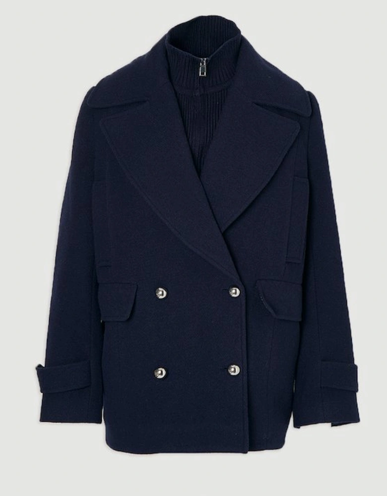 Wool Detachable Knitted Neck Tailored Double Breasted Pea Coat