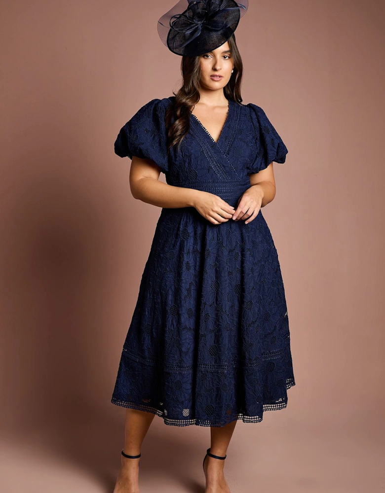 Plus Lace Midi Dress With Puff Sleeve