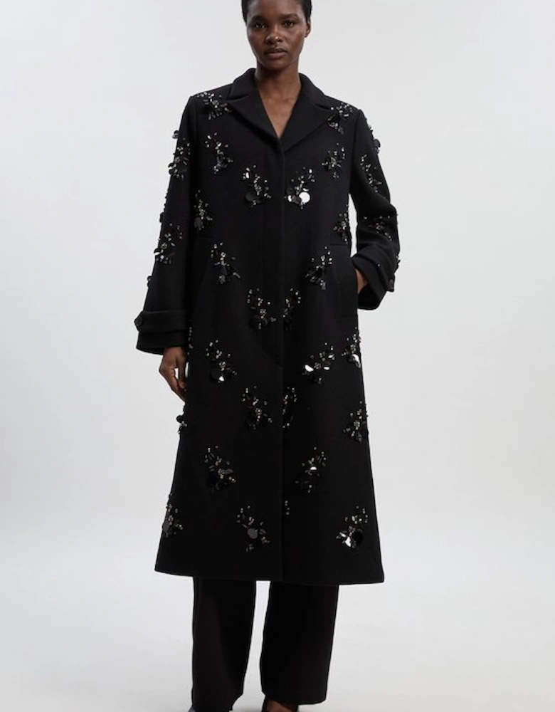 Wool Embellished Single Breasted Tailored Coat