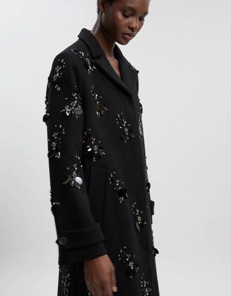 Wool Embellished Single Breasted Tailored Coat