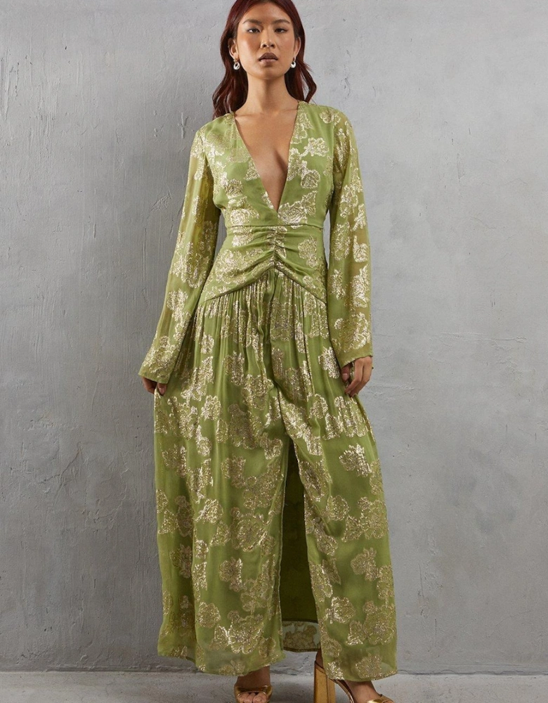 Metallic V Plunge Maxi Dress