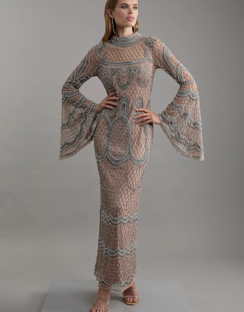 Embellished And Beaded Long Sleeve Woven Maxi Dress