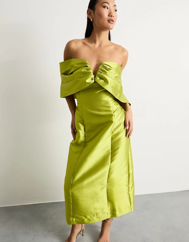Petite Satin Twill Notch Front Bardot Midi Dress