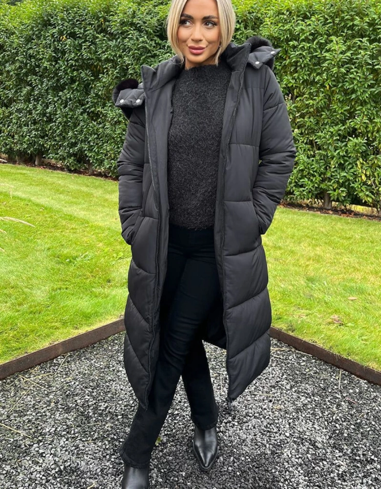 Black Faux Fur Hooded Longline Padded Coat