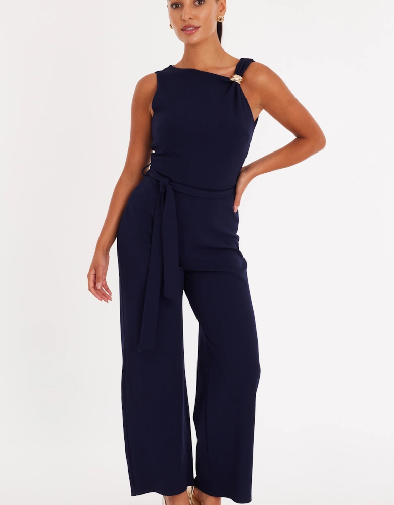 Navy Petite Buckle Shoulder Jumpsuit