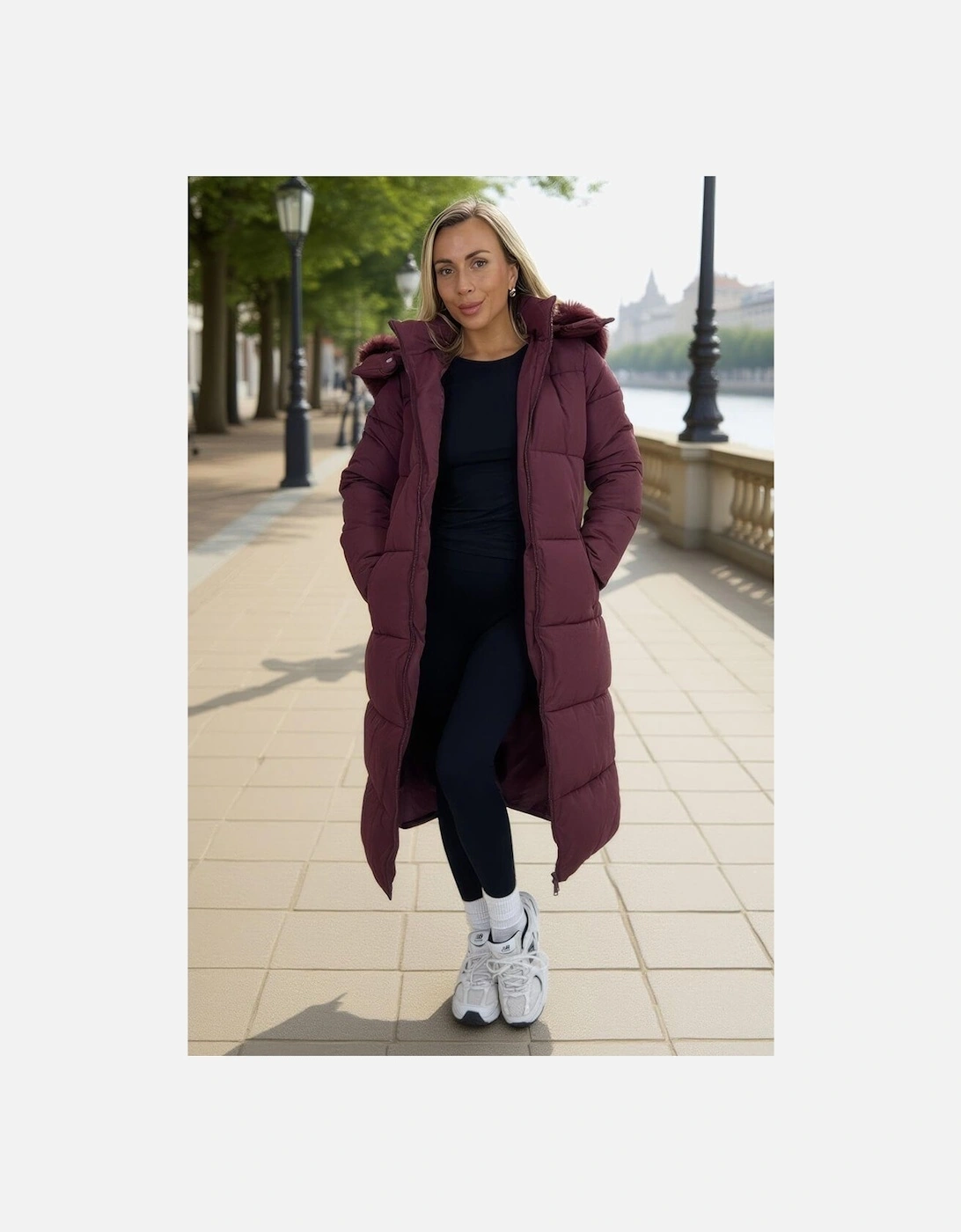 Burgundy Faux Fur Hooded Longline Padded Coat, 2 of 1