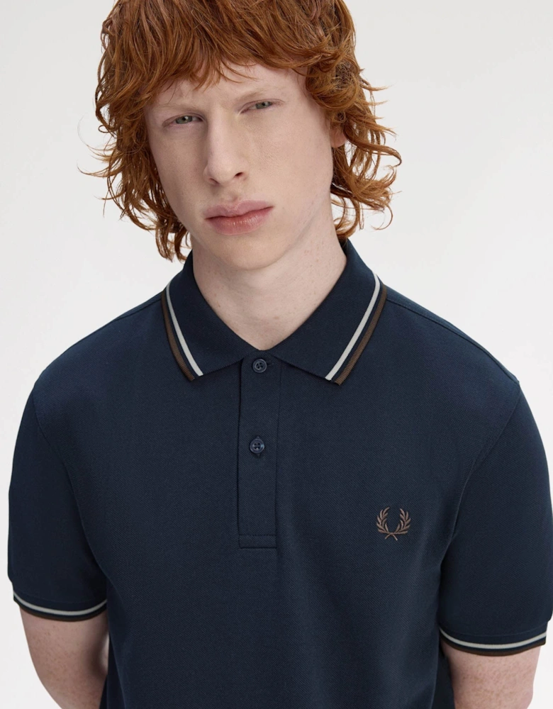 Mens Twin Tipped Signature Polo Shirt - Navy/Warm Oat/Burnt Tobacco 52A