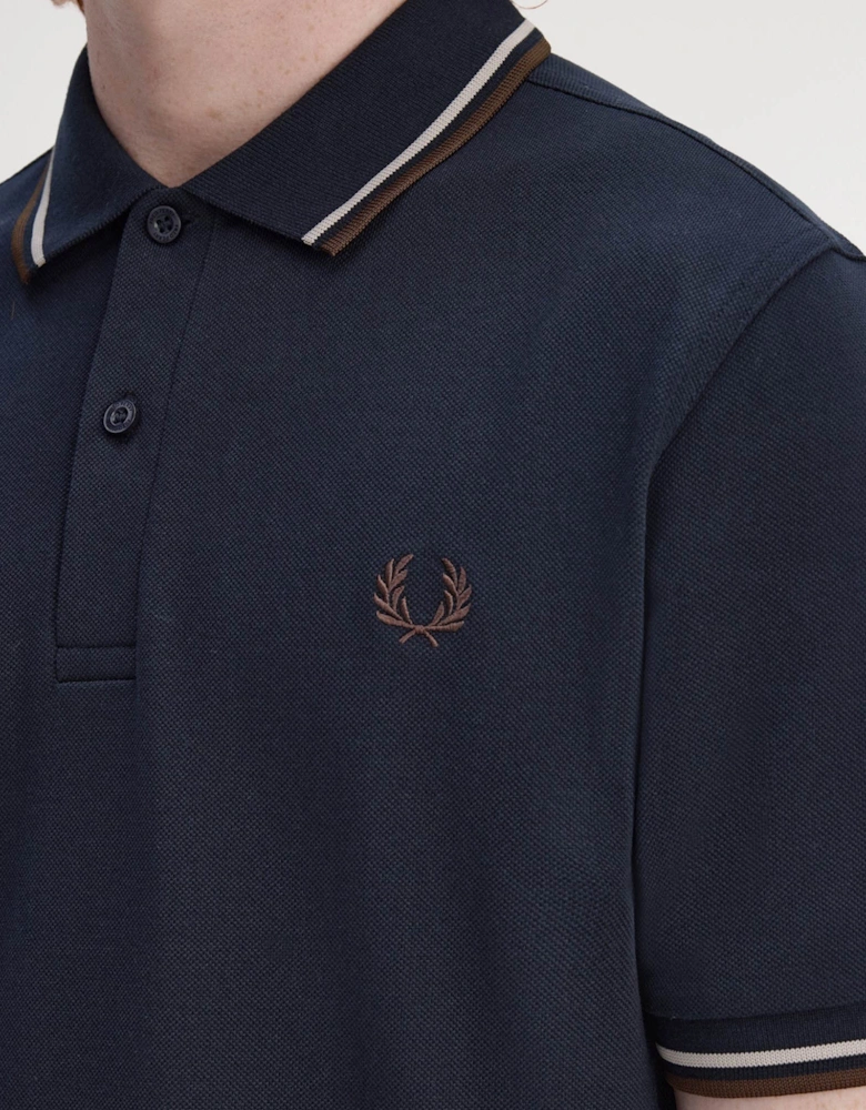 Mens Twin Tipped Signature Polo Shirt - Navy/Warm Oat/Burnt Tobacco 52A