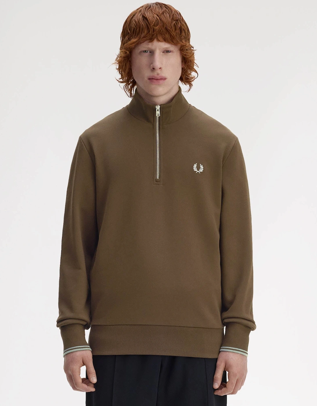 Men's Fred Perry Mens Half Zip Sweatshirt - Burnt Tobacco/Stockport Blue 49A - Tan - Size: 38