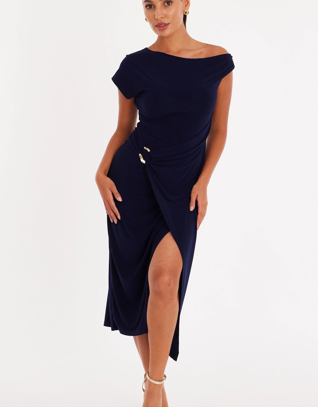 Navy Petite Asymmetric Wrap Midaxi Dress, 2 of 1