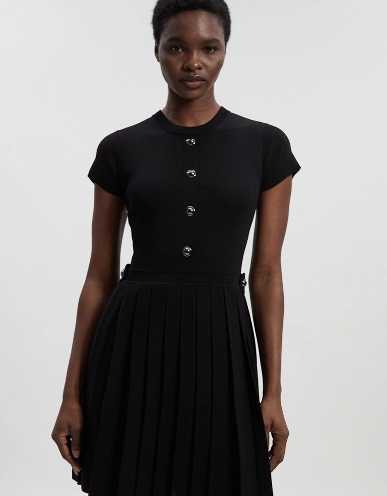 Viscose Blend Tab Detail Pleated Knit Mini Dress