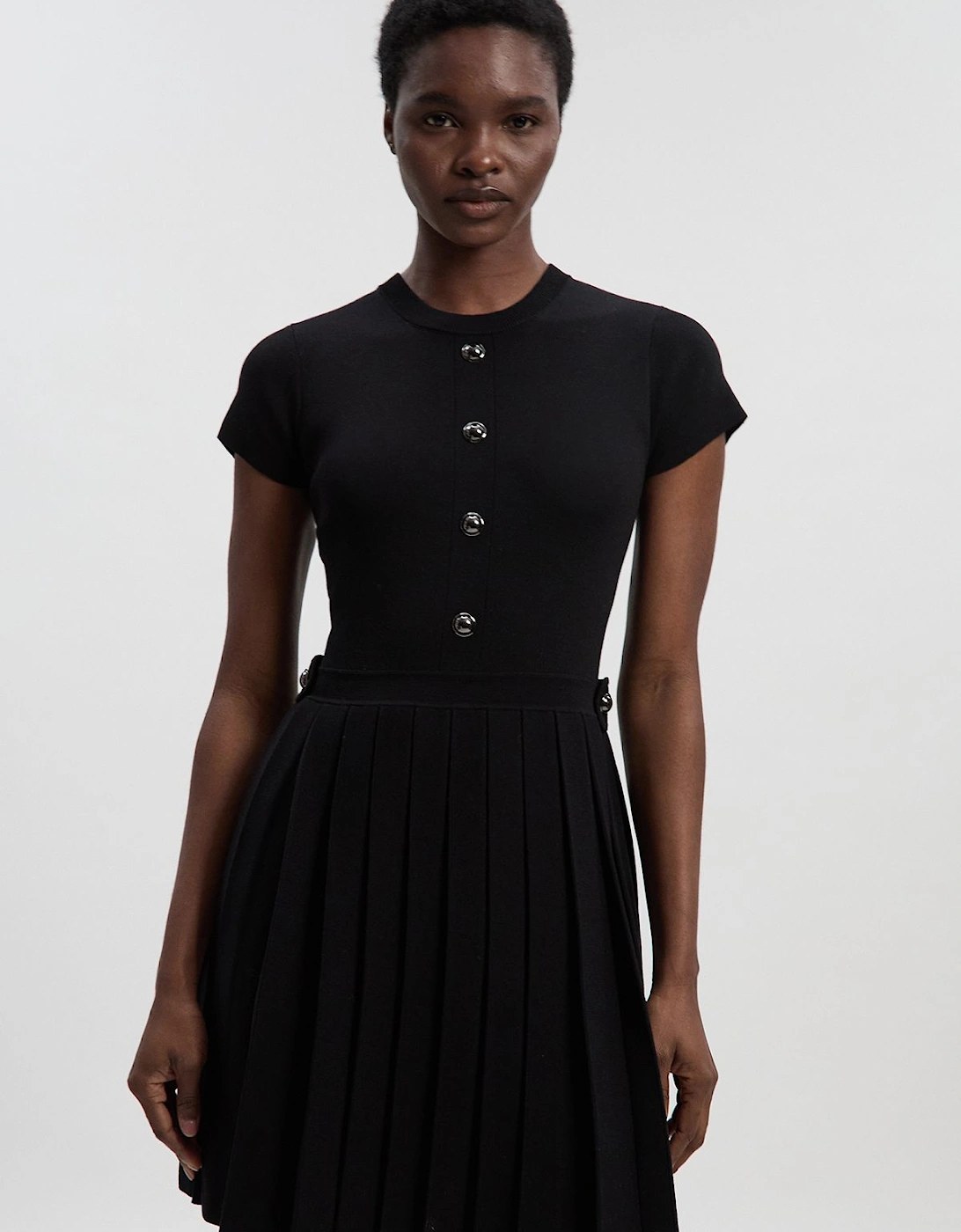 Viscose Blend Tab Detail Pleated Knit Mini Dress, 2 of 1