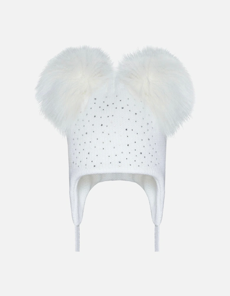 Girls White Diamanté Double Pom Hat