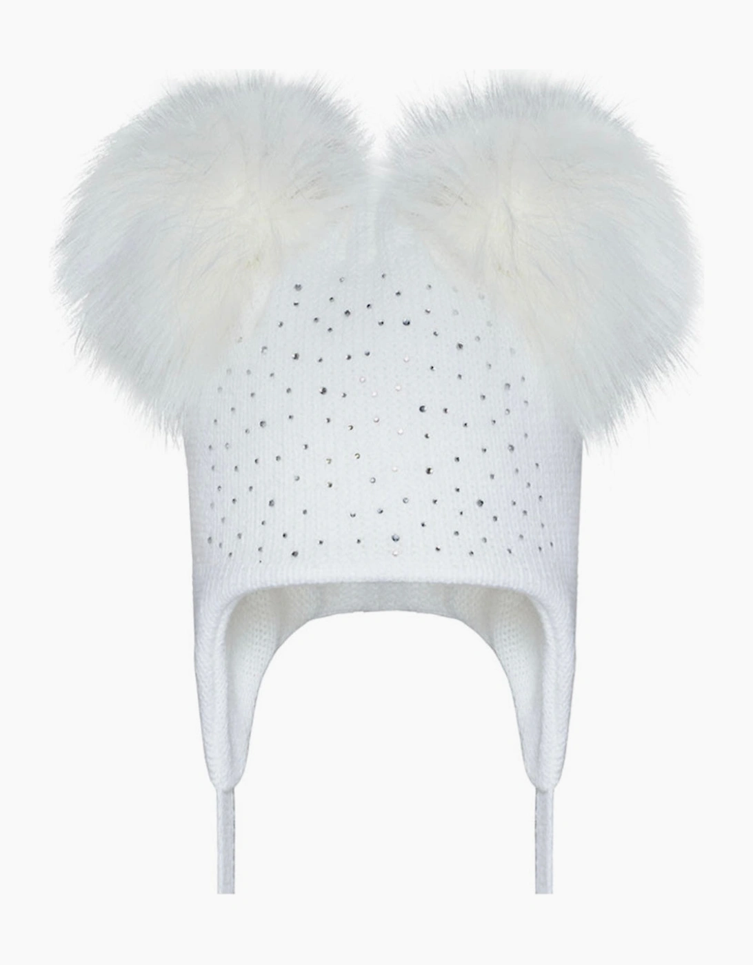 Girls White Diamanté Double Pom Hat - Size: 0-3 months/3-6 months