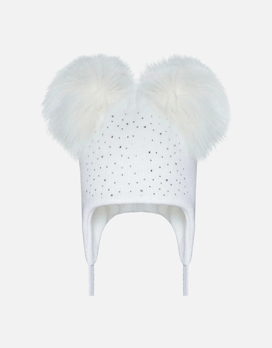 Girls White Diamanté Double Pom Hat, 2 of 1