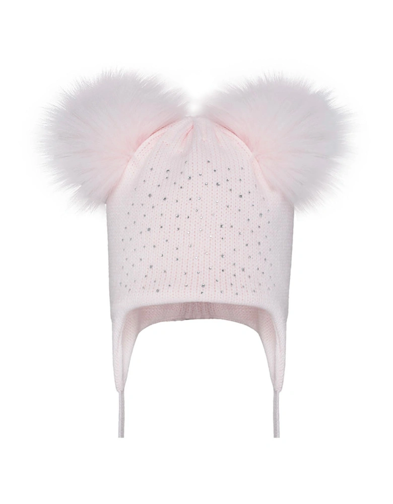 Girls Pink Diamanté Double Pom Hat