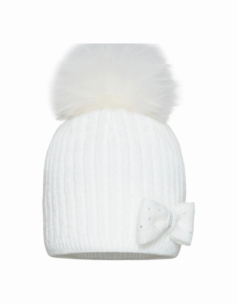 Girls White Bow Pom Hat