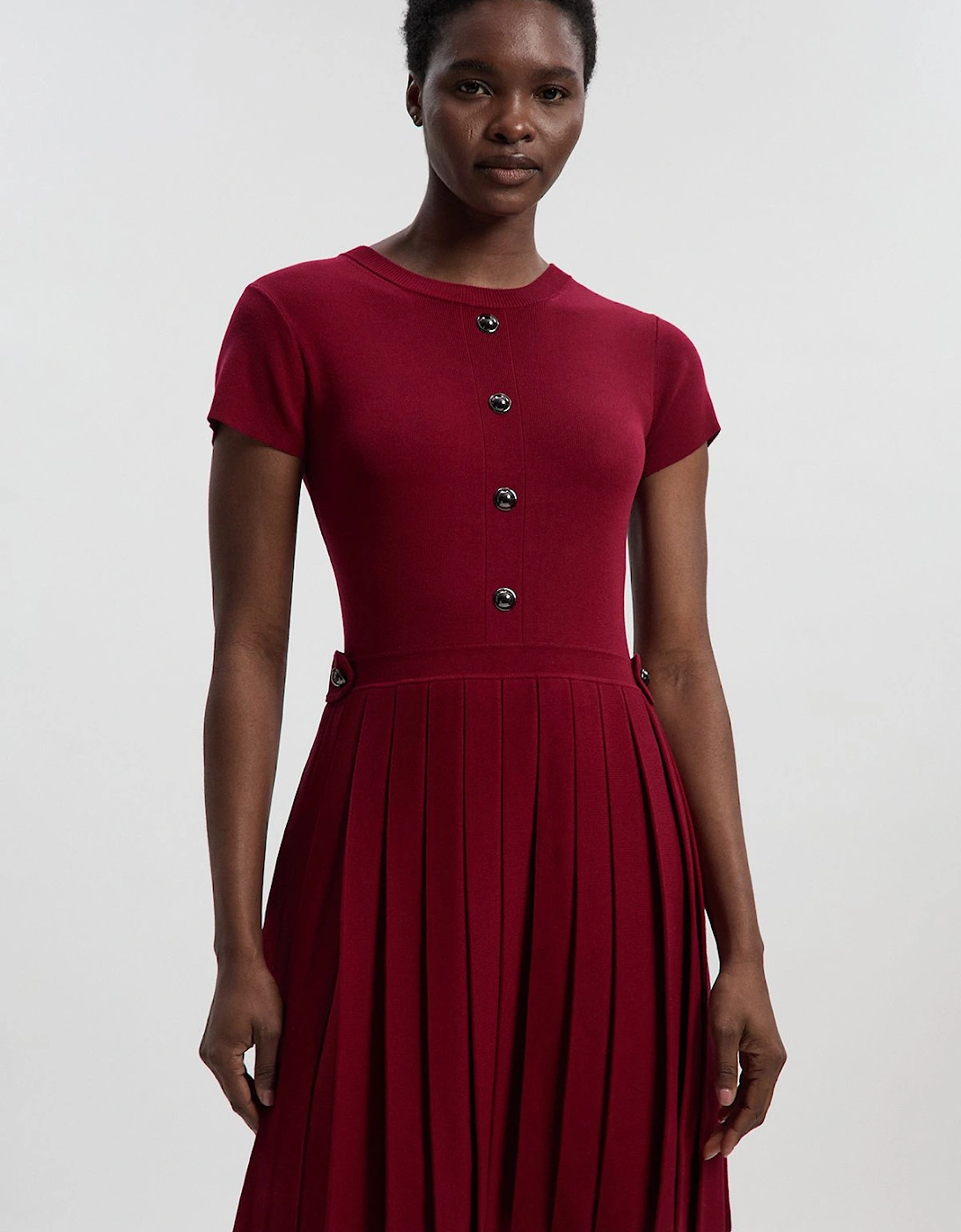 Viscose Blend Tab Detail Pleated Knit Mini Dress, 2 of 1