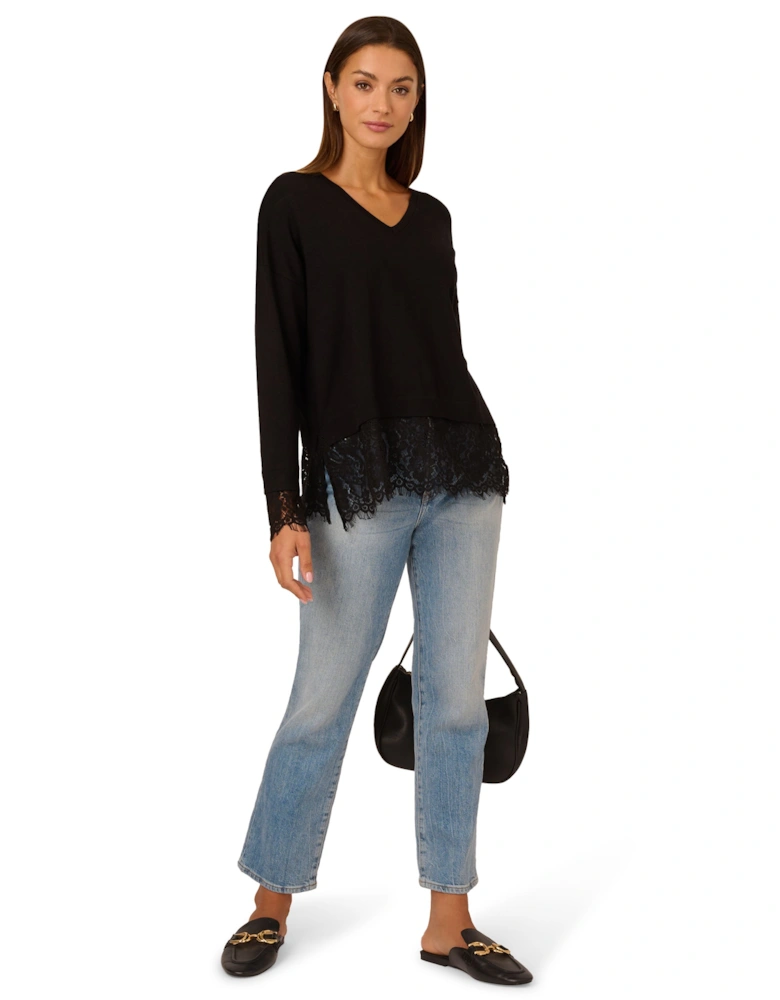 V-Neck Solid Twofer Sweater With Lace Combo
