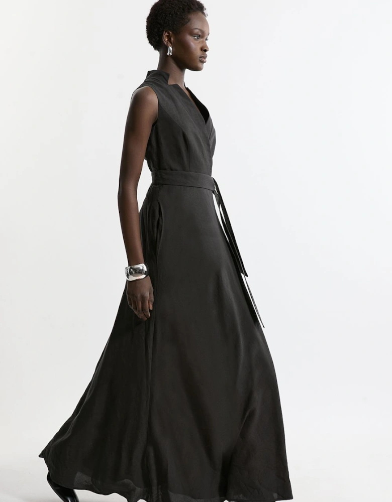 Premium Tailored Linen Notch Neck Belted Midaxi Dress