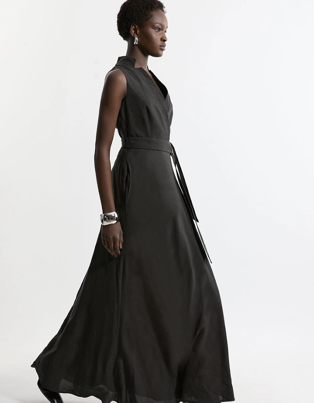 Premium Tailored Linen Notch Neck Belted Midaxi Dress, 2 of 1