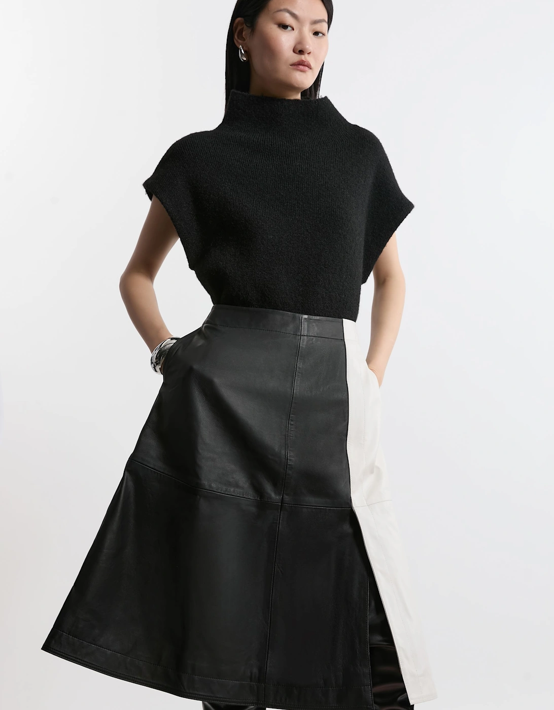 Leather Colourblock Midi A-Line Skirt, 2 of 1