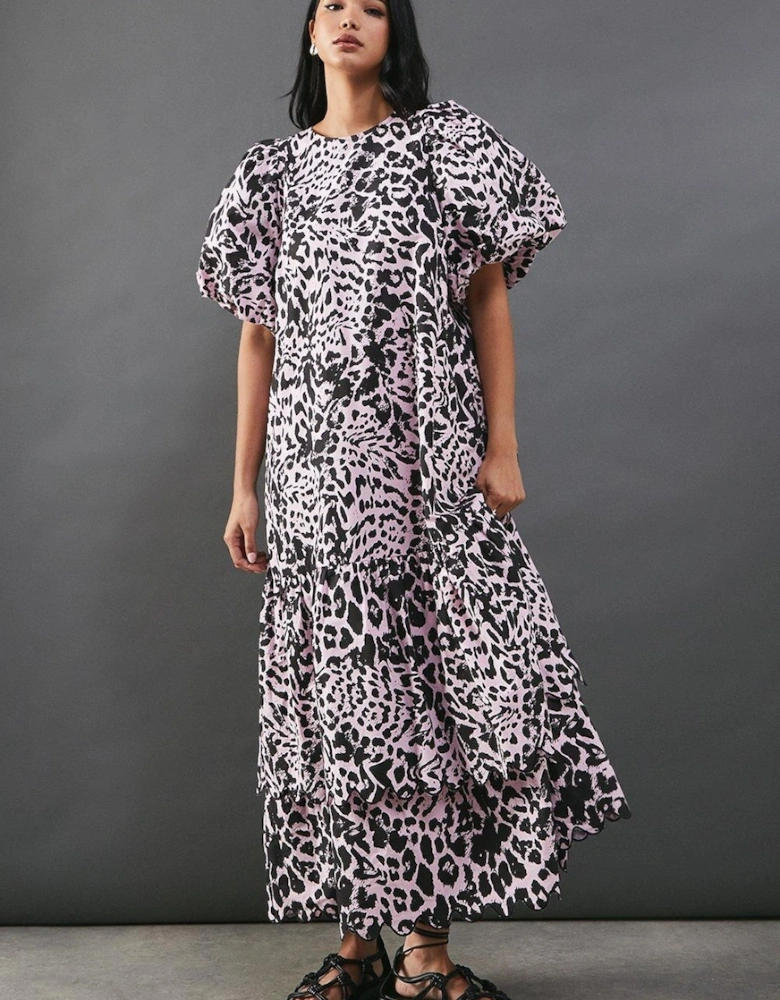 Poplin Leopard Print Volume Sleeve Scallop Detail Smock Dress