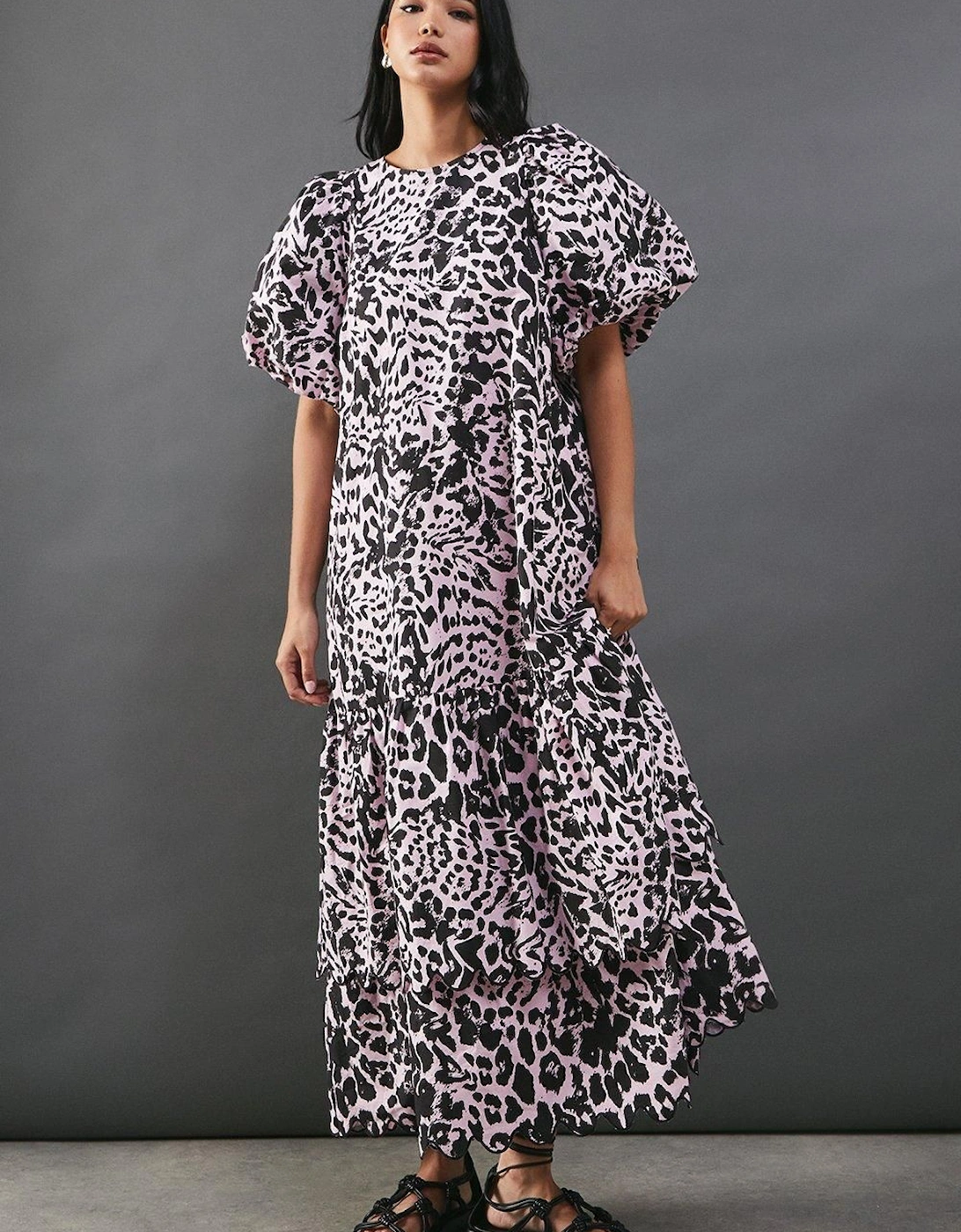 Poplin Leopard Print Volume Sleeve Scallop Detail Smock Dress, 2 of 1