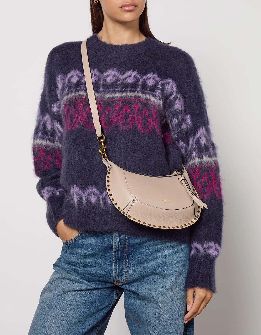 Oskan Moon Studded Grainy Leather Shoulder Bag