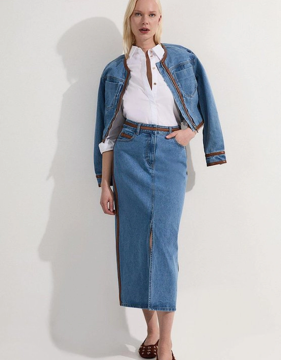 Denim & Faux Leather Tipped Side Pencil Midi Skirt, 2 of 1