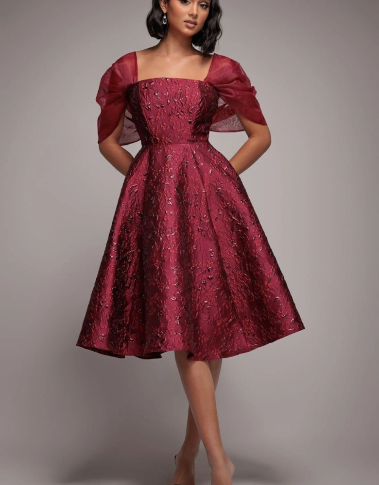 Lace Up Jacquard Midi Dress With Organza Wings