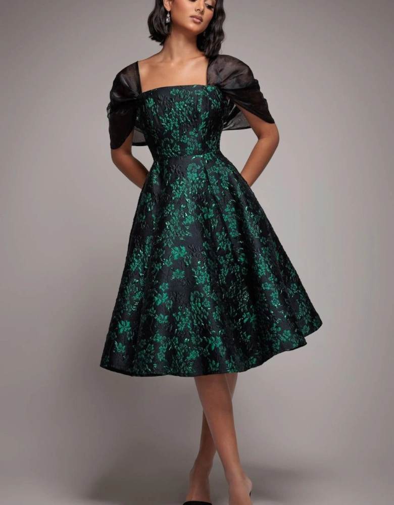 Lace Up Jacquard Midi Dress With Organza Wings