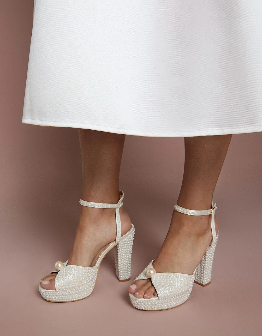 Bridal Ruth Satin Pearl Platform High Block Heel Sandals, 2 of 1