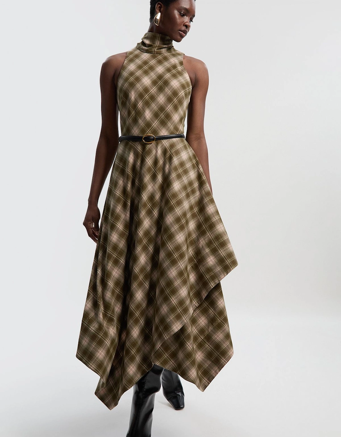 Petite Tailored Check Belted Full Midi Dress, 2 of 1