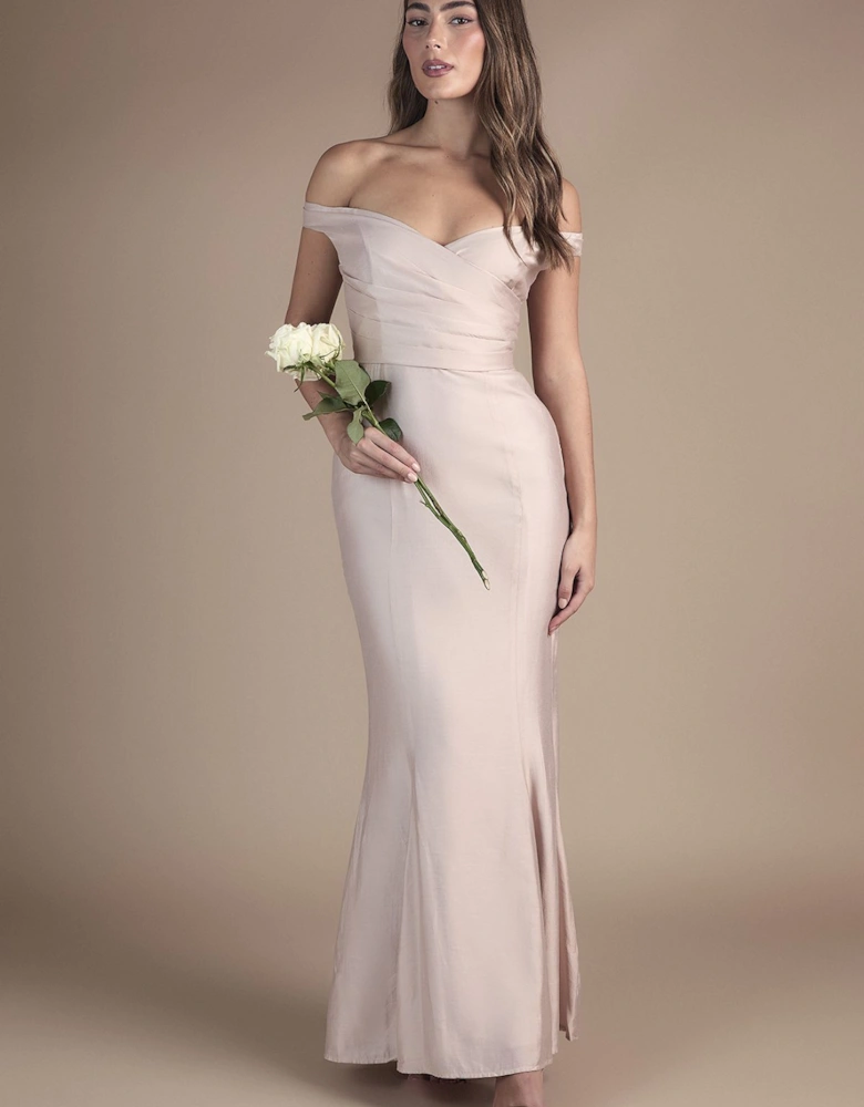 Bardot Gathered Satin Fishtail Bridesmaid Dress