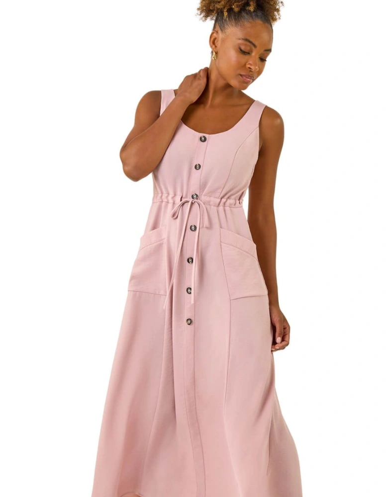 Buttoned Tie Waist Midi Dress