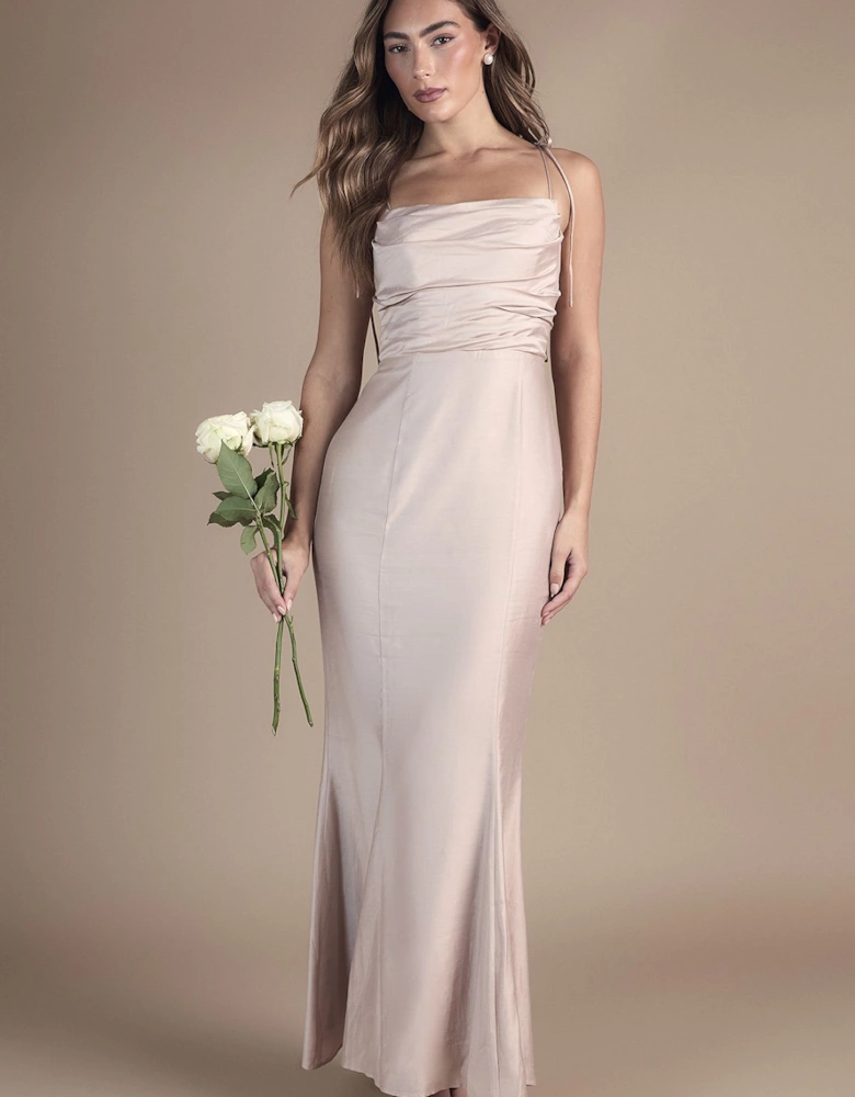 Satin Strappy Cowl Neck Bridesmaid Dress