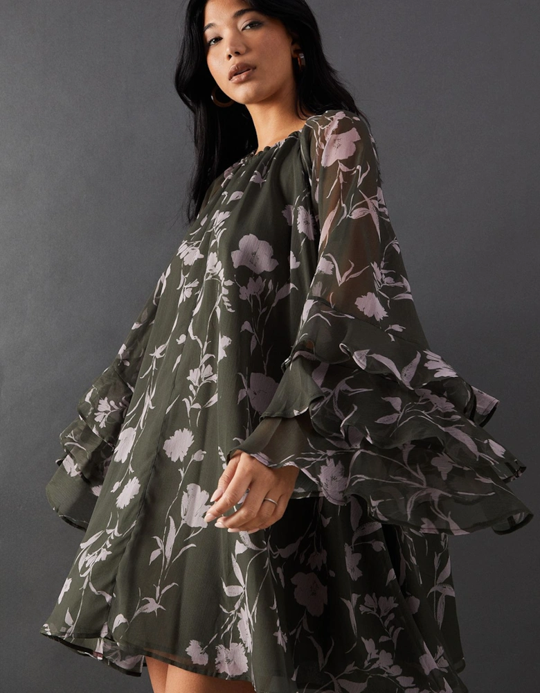 Floral Chiffon Ruffle Volume Sleeve Mini Smock Dress