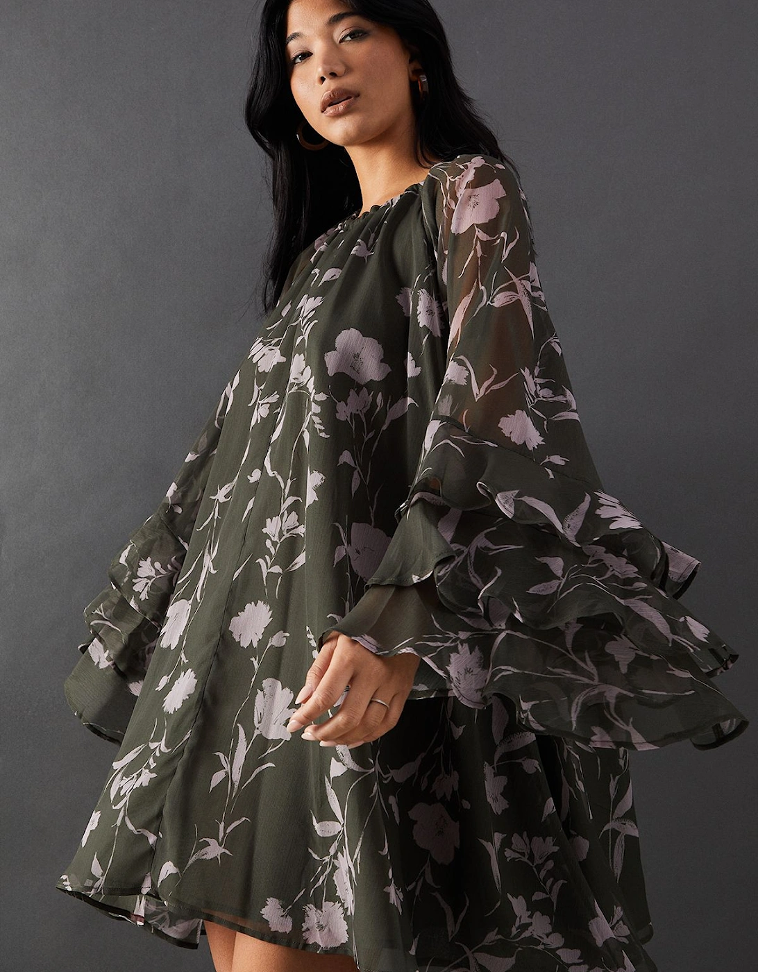 Floral Chiffon Ruffle Volume Sleeve Mini Smock Dress, 2 of 1