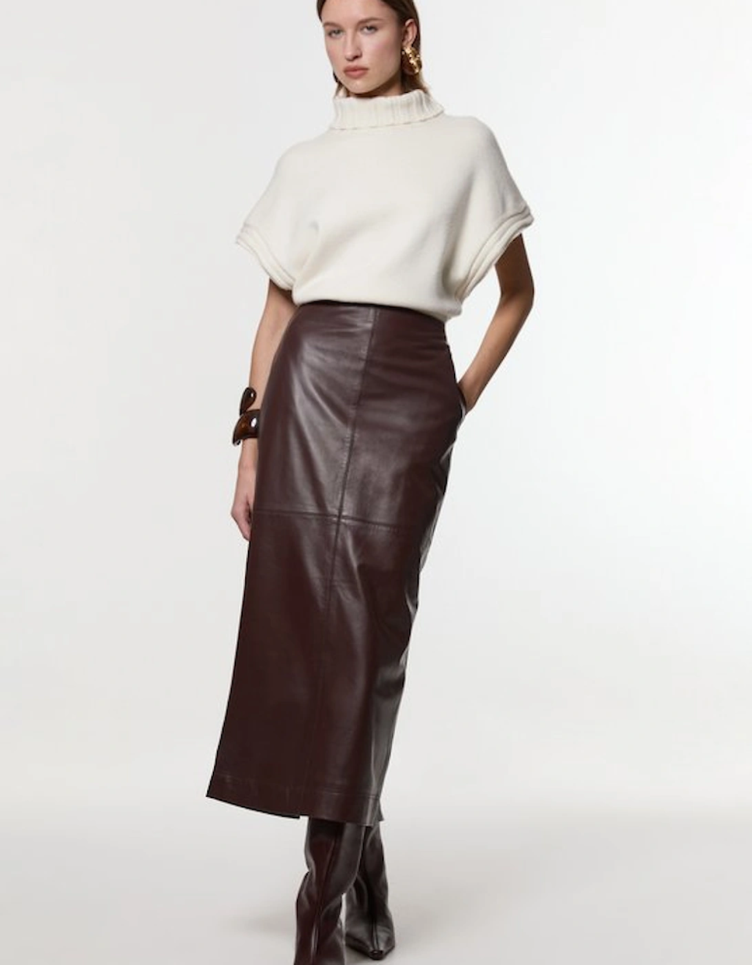 Leather Clean Pencil Midi Skirt, 5 of 4