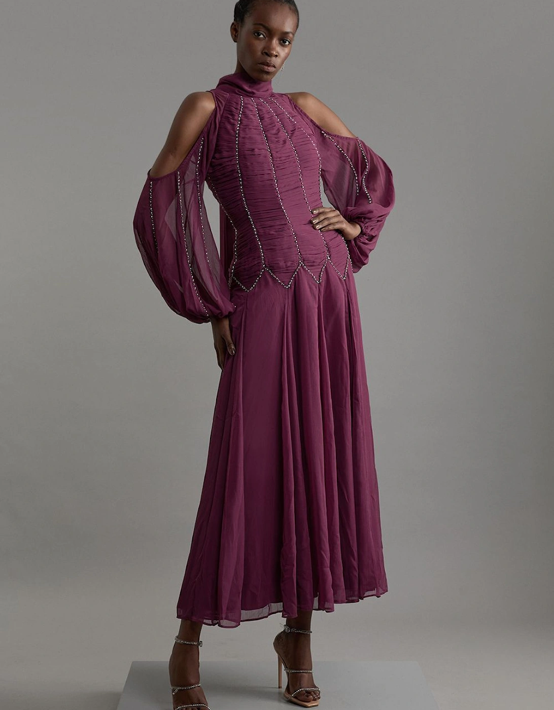 High Neck Embellished Ruched Georgette Woven Maxi Dress, 2 of 1