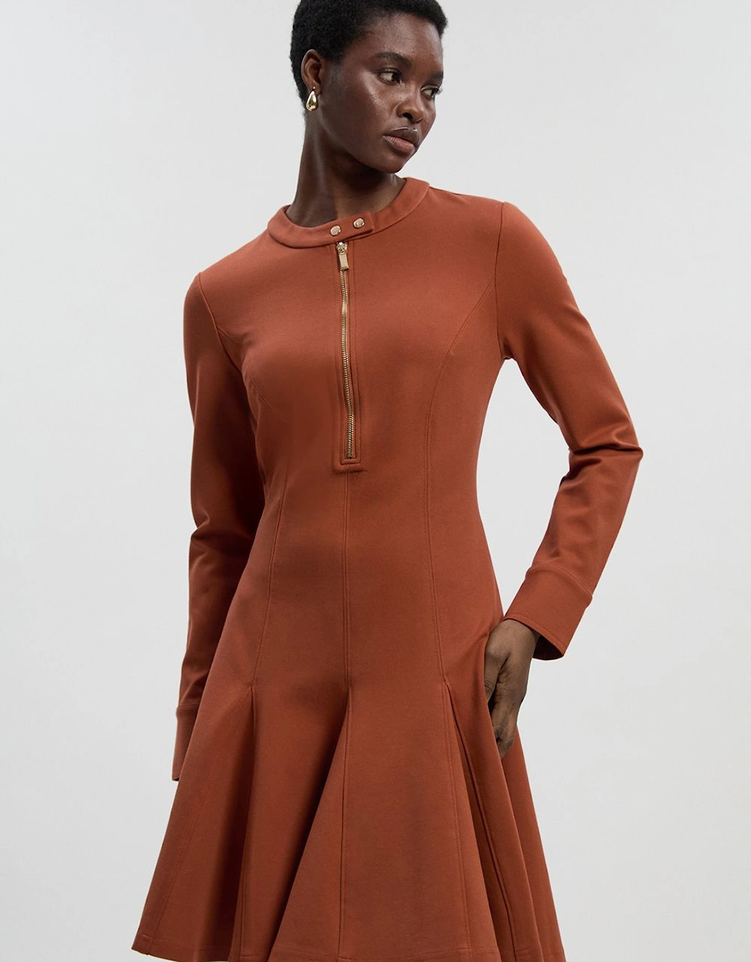 Ponte Zip Trim Detail Pleated Long Sleeve Mini Dress, 2 of 1