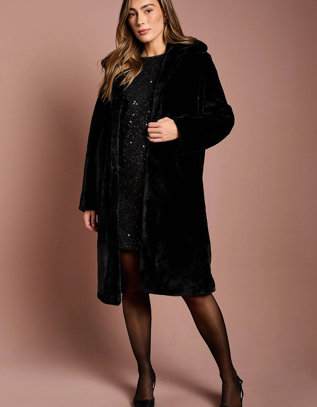 Black Faux Fur Longline Collared Coat, 2 of 1