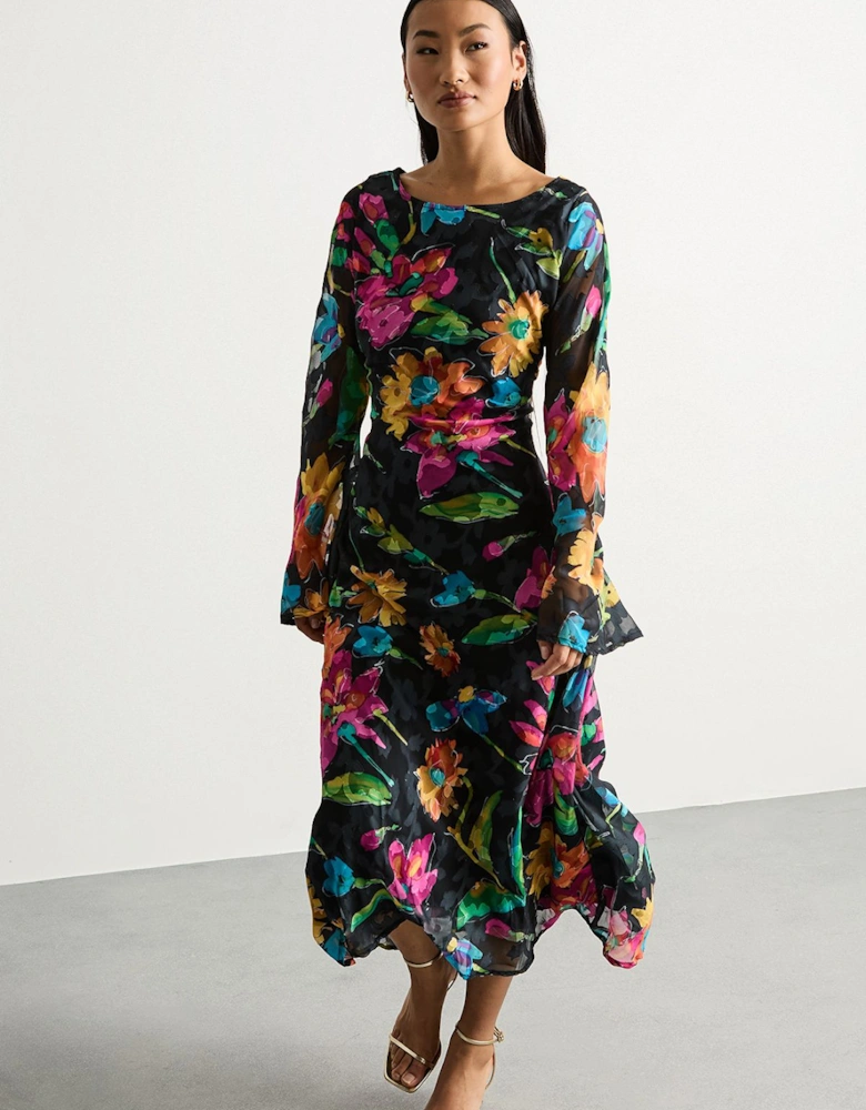 Petite Burnout Floral Chiffon Slash Neck Bias Midi Dress