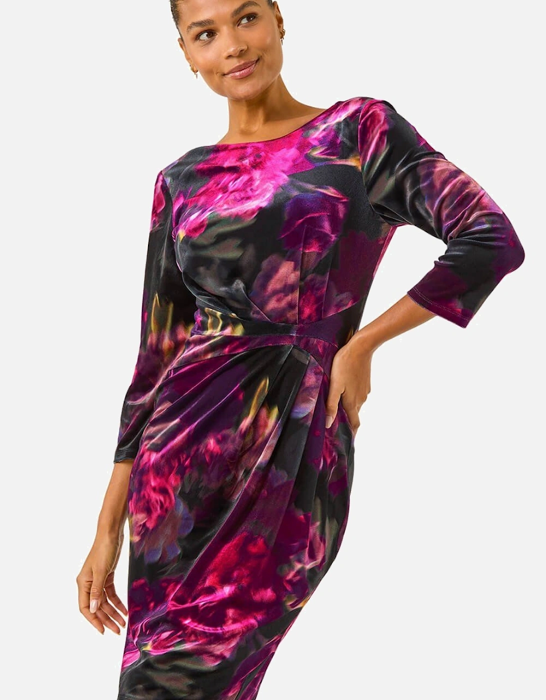 Rose Print Velvet Twist Stretch Dress, 2 of 1