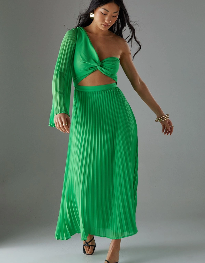 Petite Chiffon Pleated One Shoulder Cut Out Midi Dress