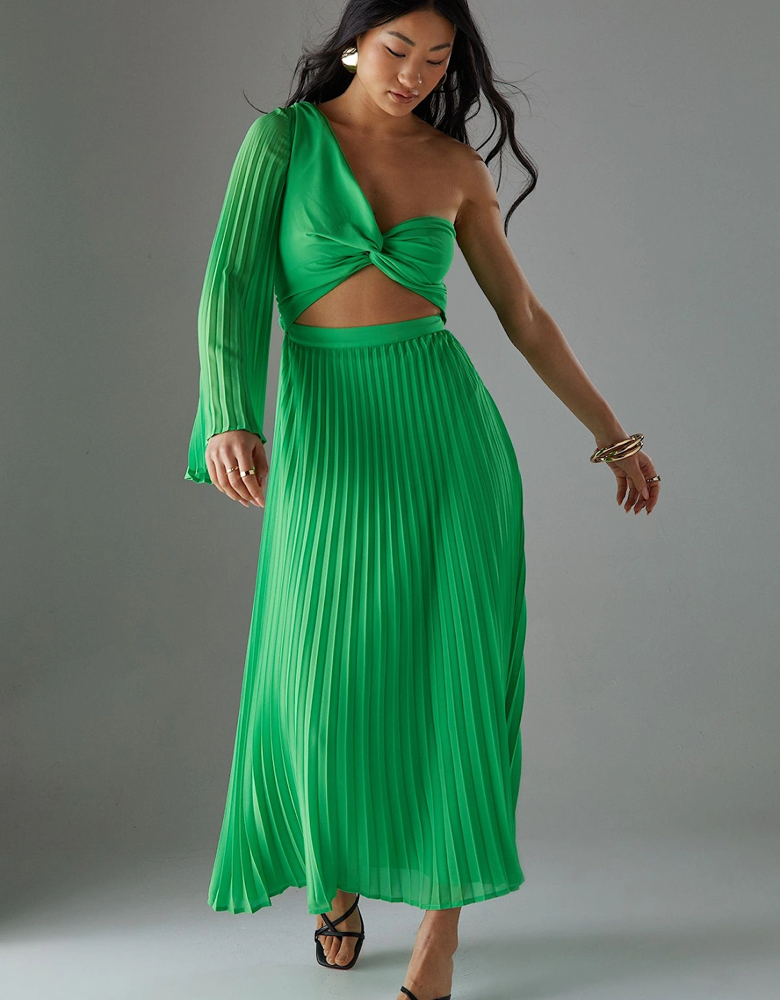 Petite Chiffon Pleated One Shoulder Cut Out Midi Dress, 2 of 1