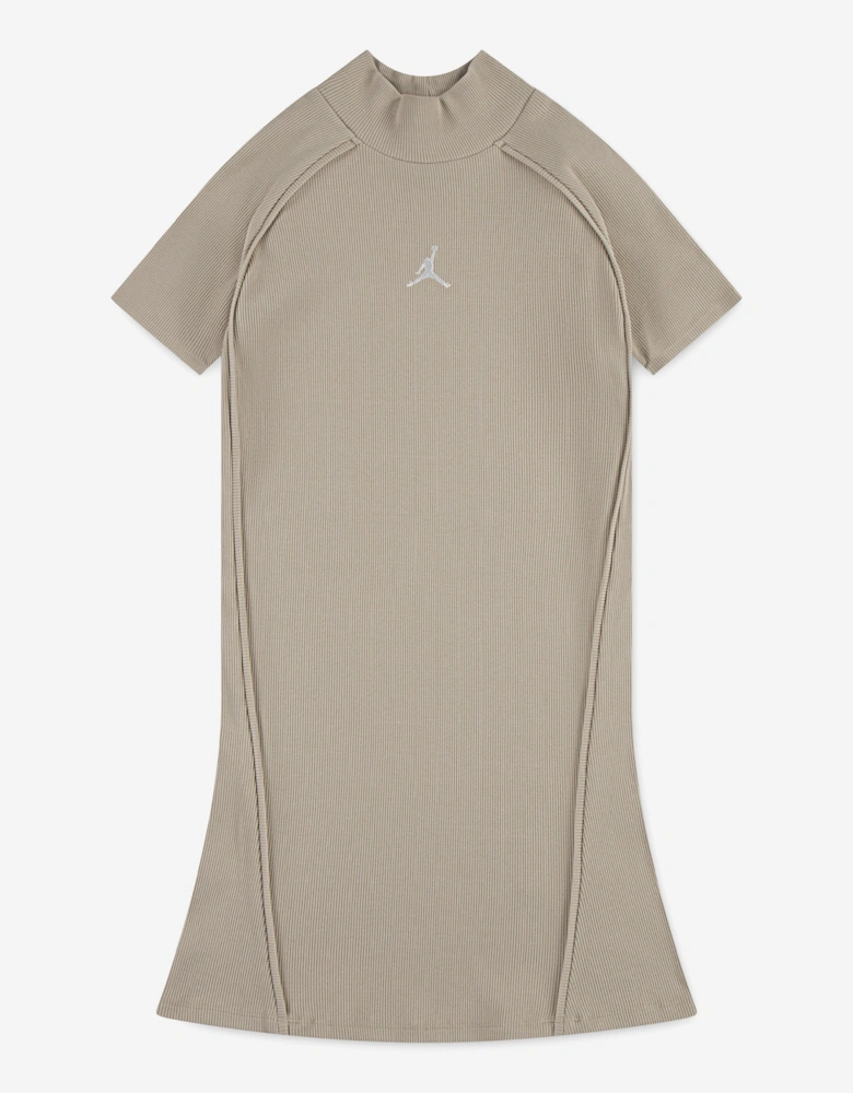 Jordan Girls Mock Neck Ribbed Dress in Beige
